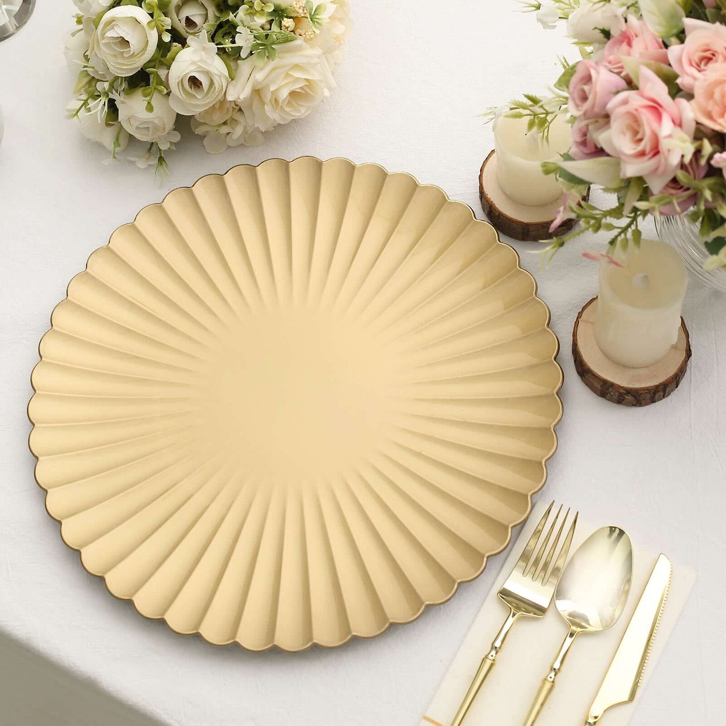 6-Pack Plastic Round Charger Plates 13" in Gold with Scalloped Shell Pattern, Coastal Inspired Disposable Charger Tableware