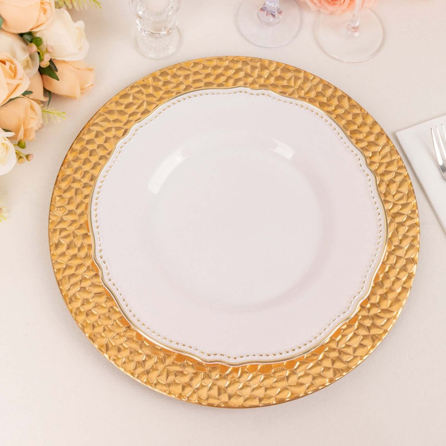 6-Pack Acrylic Round Charger Plates 13" in Metallic Gold with Hammered Rim, Plastic Decorative Dinner Party Charger Tableware