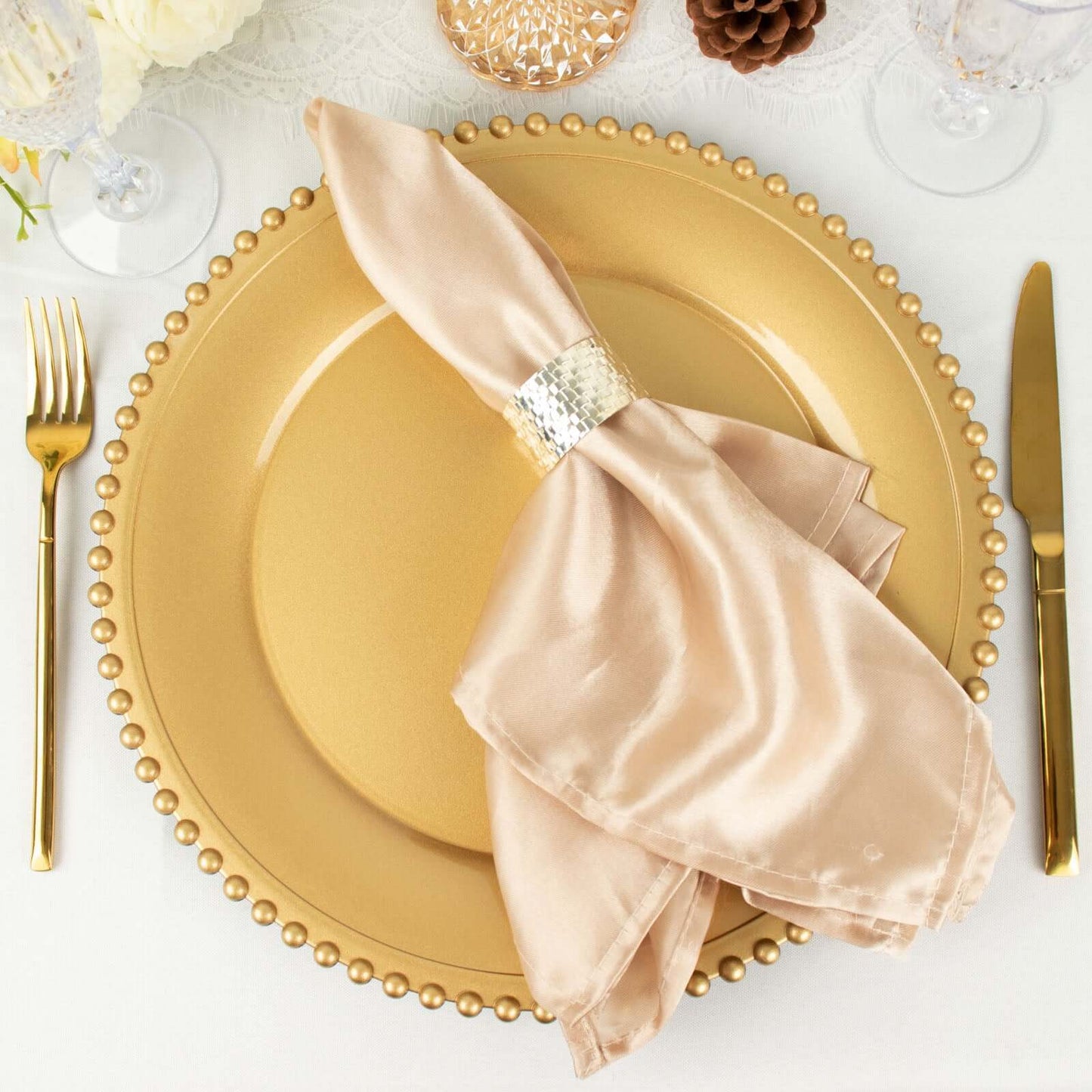 6-Pack Acrylic Round Charger Plates 13" in Gold with Beaded Rim, Decorative Dinner Party Charger Tableware