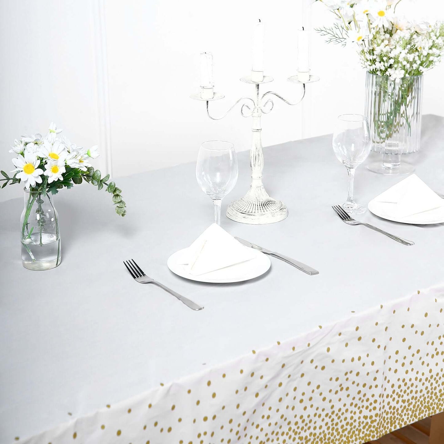 5-Pack Plastic Table Covers White Rectangle with Gold Confetti Dots - Durable PVC Disposable Tablecloths for Events 54"x108"