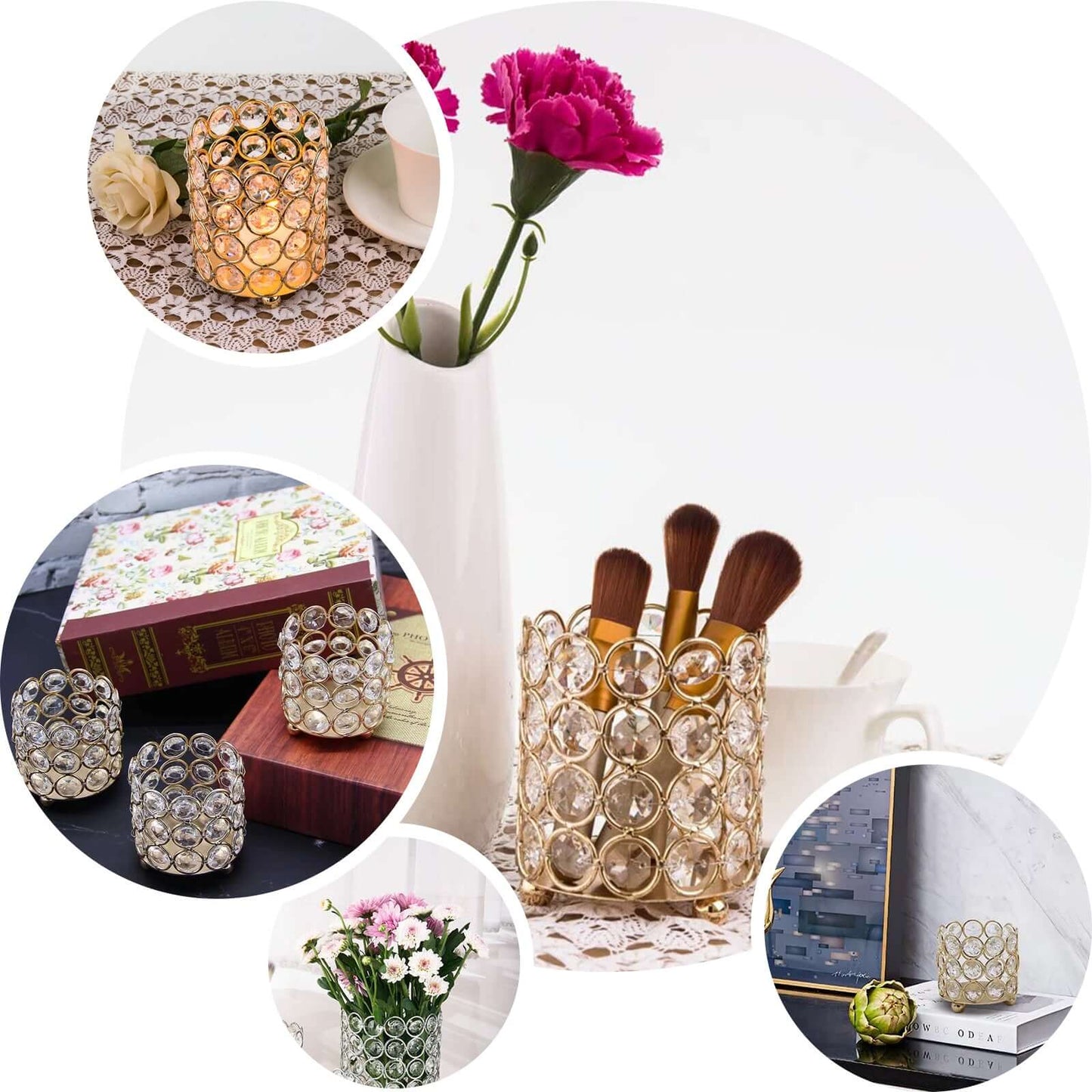 Crystal Beaded Metal Votive Tealight Holder Gold - Stylish Multipurpose Table Vase for Decor 4"