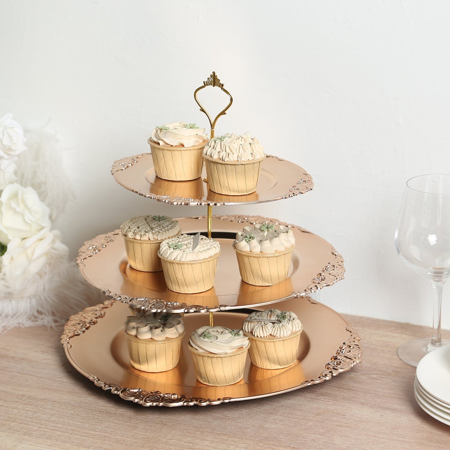 3-Tier Plastic Round Cupcake Stand Metallic Gold - Vintage-Inspired Reusable Dessert Display Holder Tea Party Serving Tray Platter with Baroque Rim & Top Handle 13"