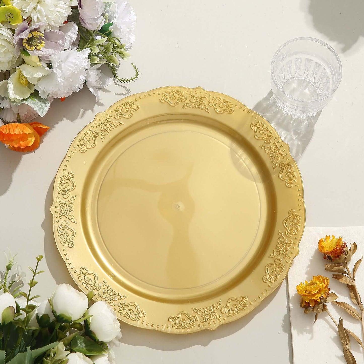 10-Pack Plastic 10" Round Dinner Plates Gold Embossed Scalloped Edge - Chic Disposable Party Plates for Special Occasions & Banquets