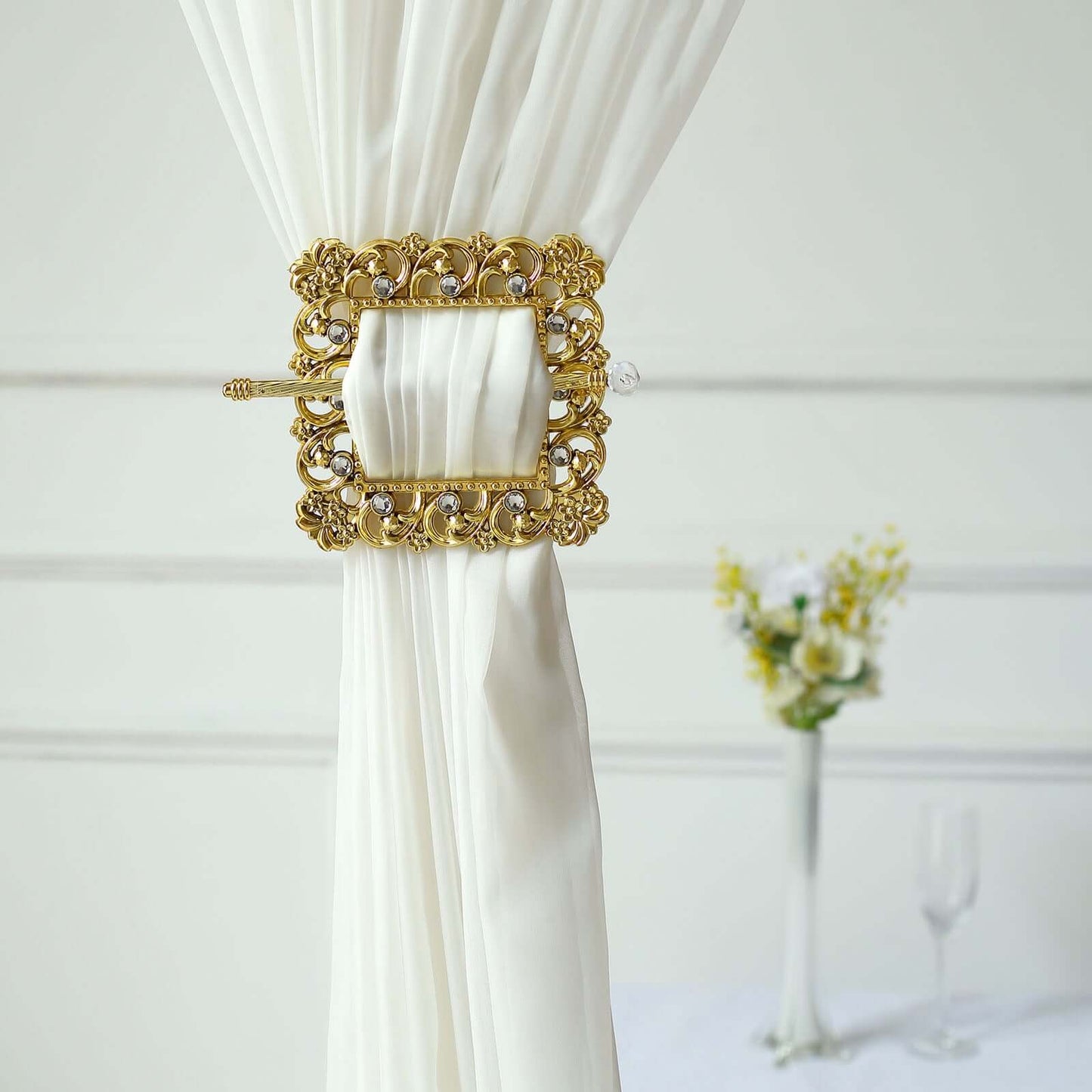 Set of 2 7" Gold Barrette Style Diamond Backdrop Drapery Holdbacks, Square Acrylic Crystal Curtain Brooch Tie Backs