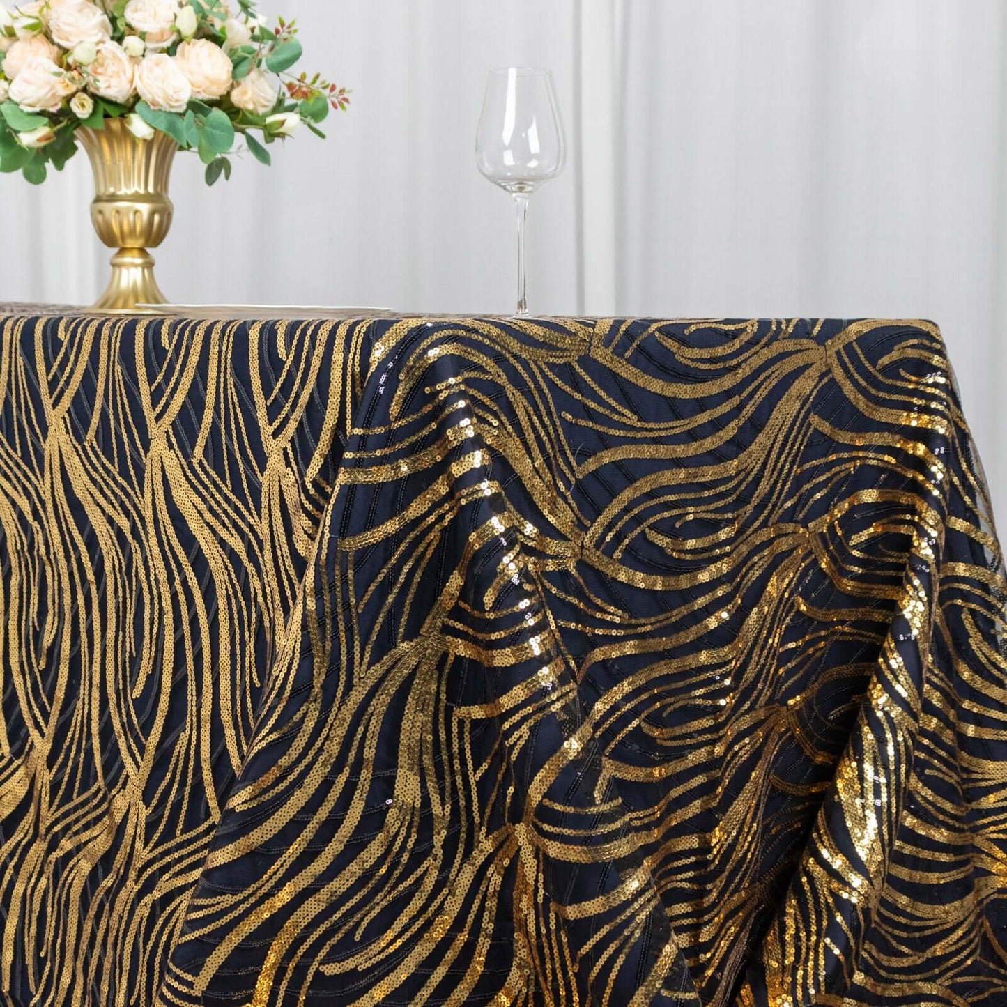 Mesh 90"x156" Rectangle Tablecloth Black/Gold - Wave Sequin Embroidered Table Cover