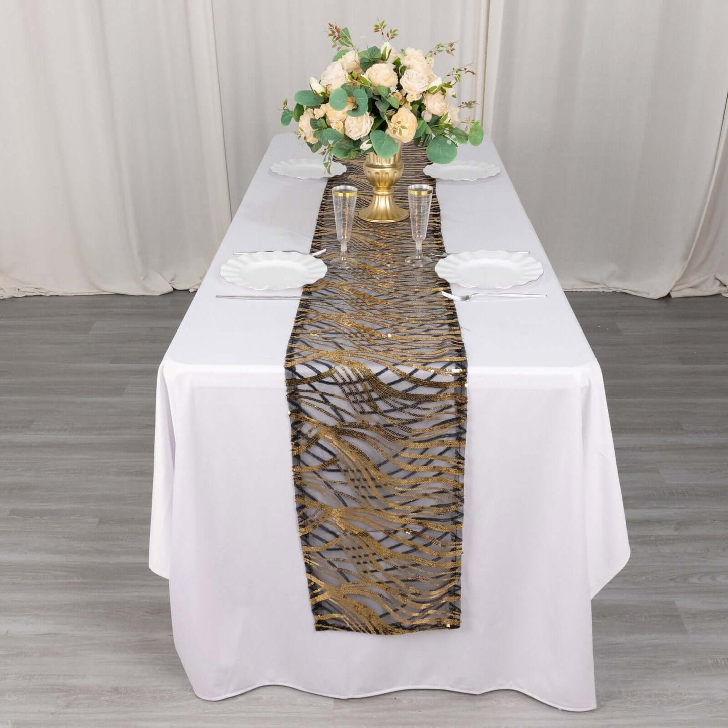 Sequin Mesh 12"x108" Table Runner Black Gold Stylish Wave Embroidery