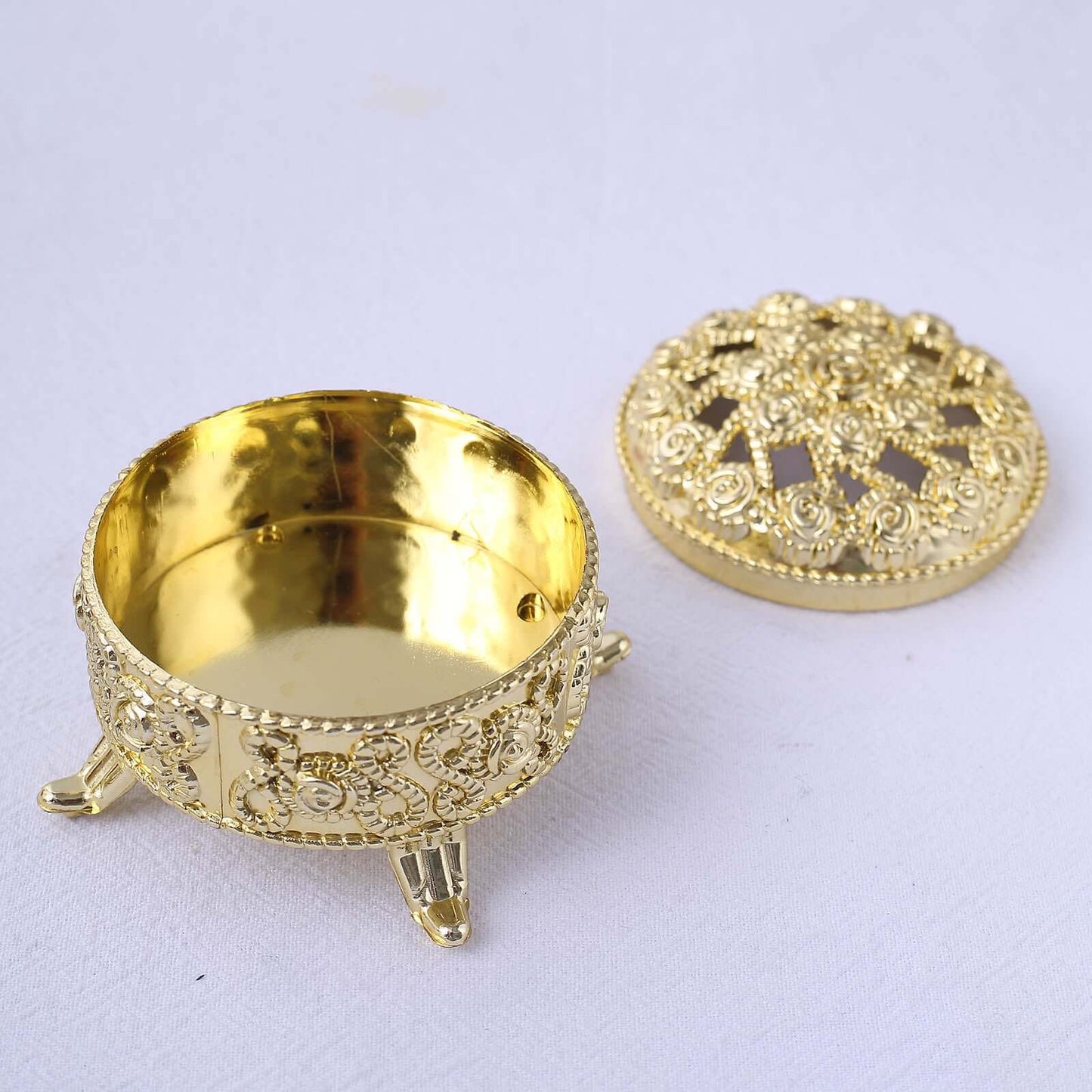 12-Pack Plastic Fillable Mini Candy Container in Vintage Ornate Round Box Style Metallic Gold - Candy Treat Favor Boxes 2.5"