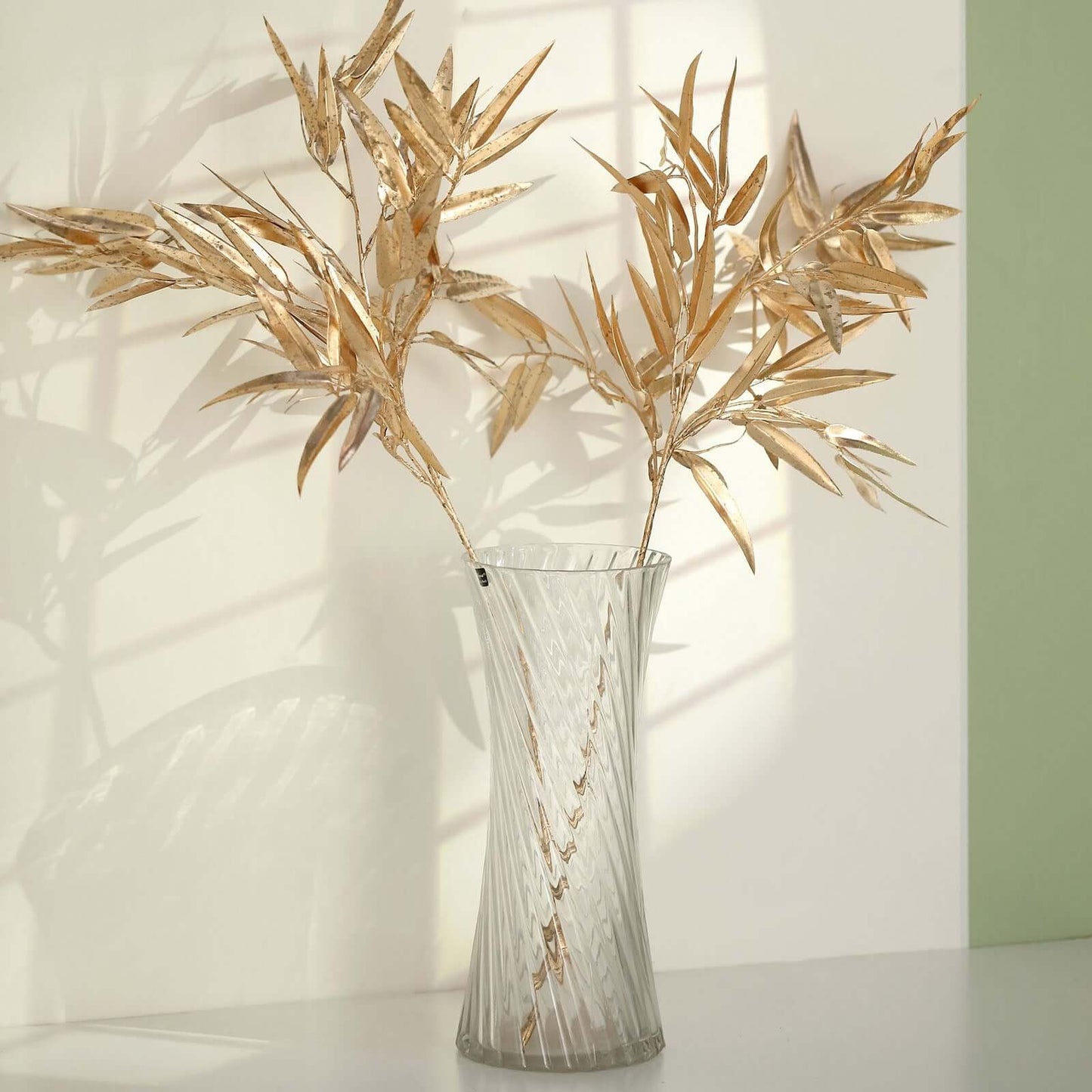 2-Pack Artificial Metallic Bamboo Leaf Branches Gold - Shiny Faux Plant Stems Vase Filler Floral Arrangement Centerpiece Decor 33"