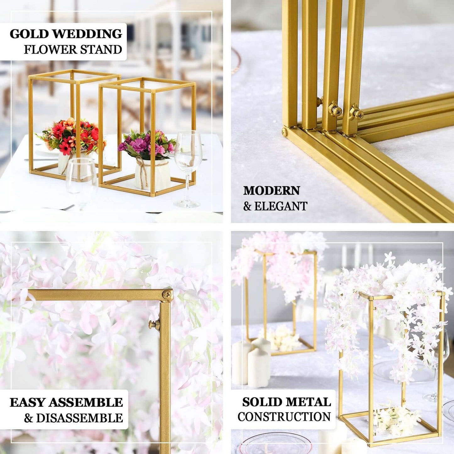 2-Pack Wedding Flower Stand Gold Metal Geometric Column Frame Rectangular - Versatile Floral Pedestal for Sophisticated Arrangements 40"