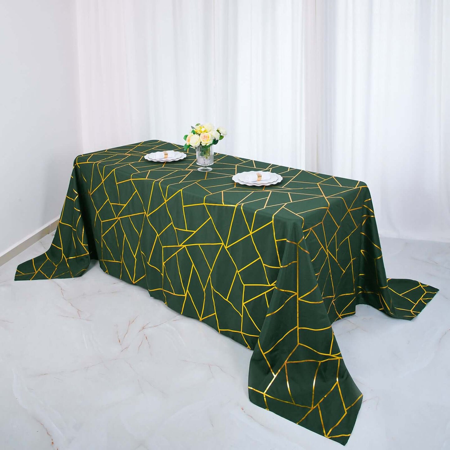 Polyester 90"x156" Rectangle Tablecloth Hunter Emerald Green Seamless with Gold Foil Geometric Pattern - Wrinkle-Resistant Seamless Table Cover for Sophisticated Events