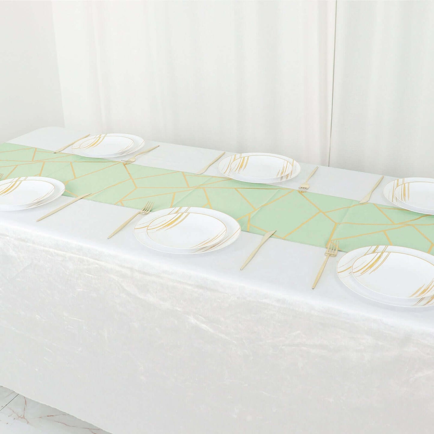Polyester 9ft Table Runner Sage Green with Gold Foil Modern Geometric Accent