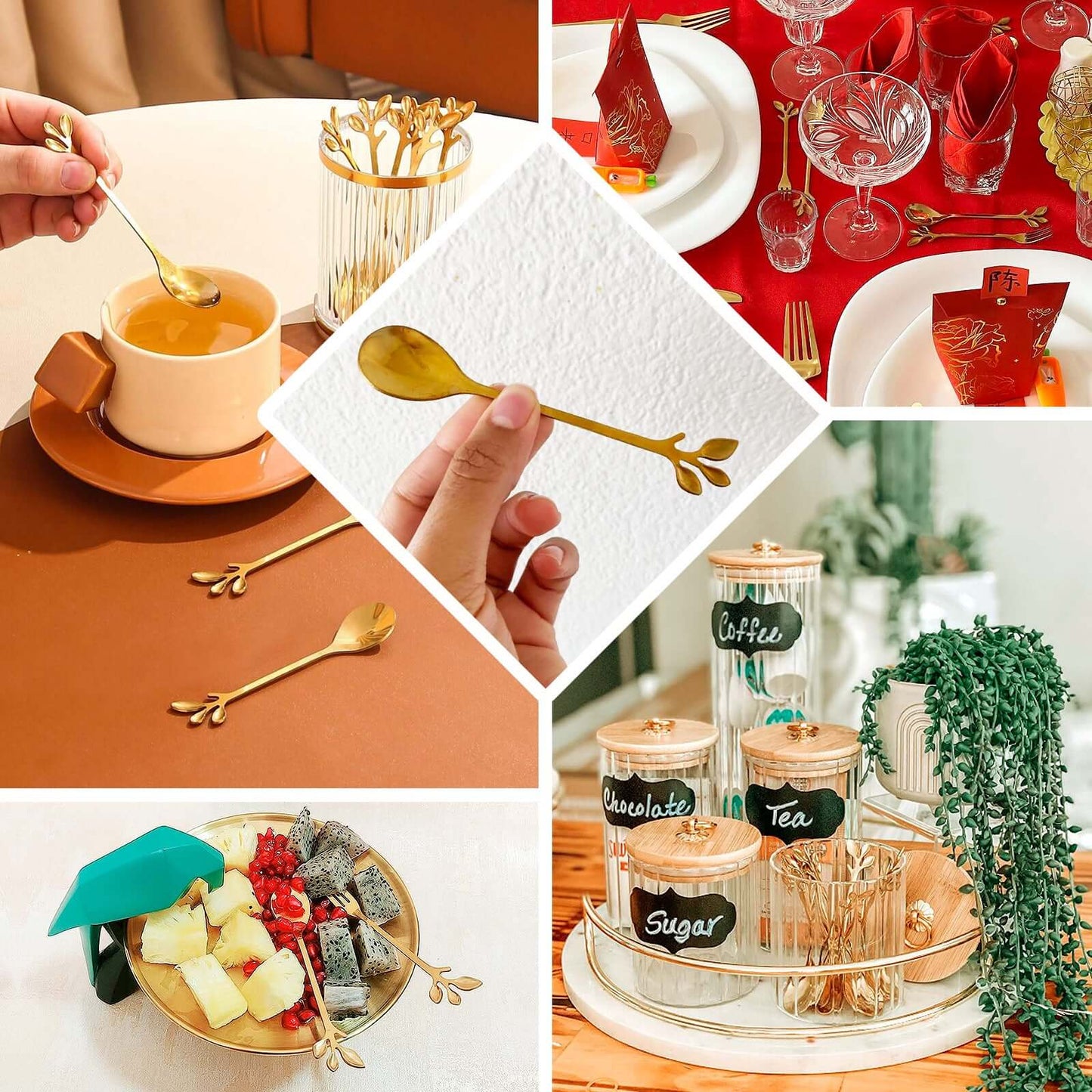 Gold Metal Spoon & Fork Pre-Packed Wedding Party Favors Set With Leaf Shaped Handle, Bridal Shower Souvenir Gift Box - 5"