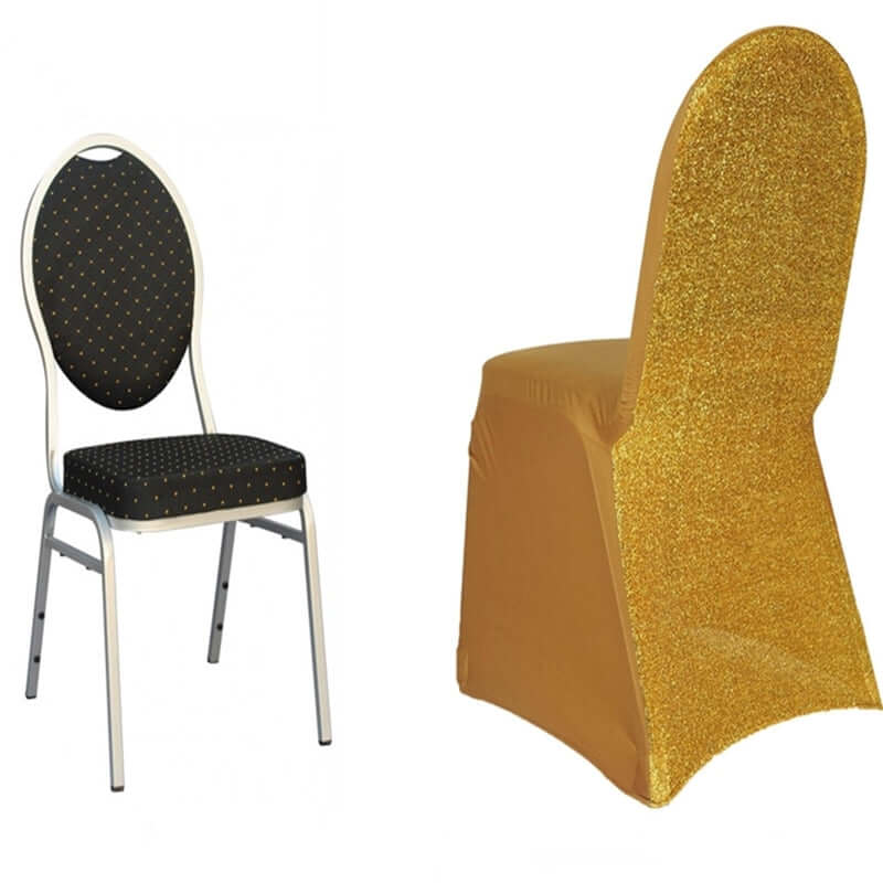 Spandex Chair Cover with Metallic Shimmer Tinsel Back for Banquet Chairs Gold - Luxe Fitted Slipcover for Weddings & Parties