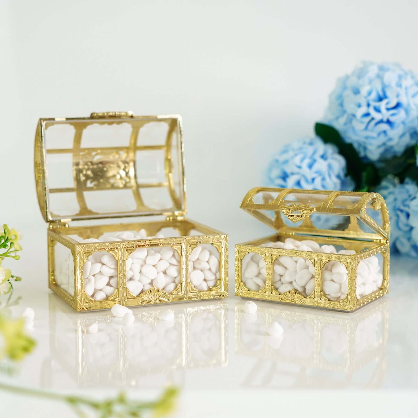12-Pack Vintage Jewelry Box Candy Containers Clear Gold - Stylish Treasure Chest Favor Boxes 3.5"