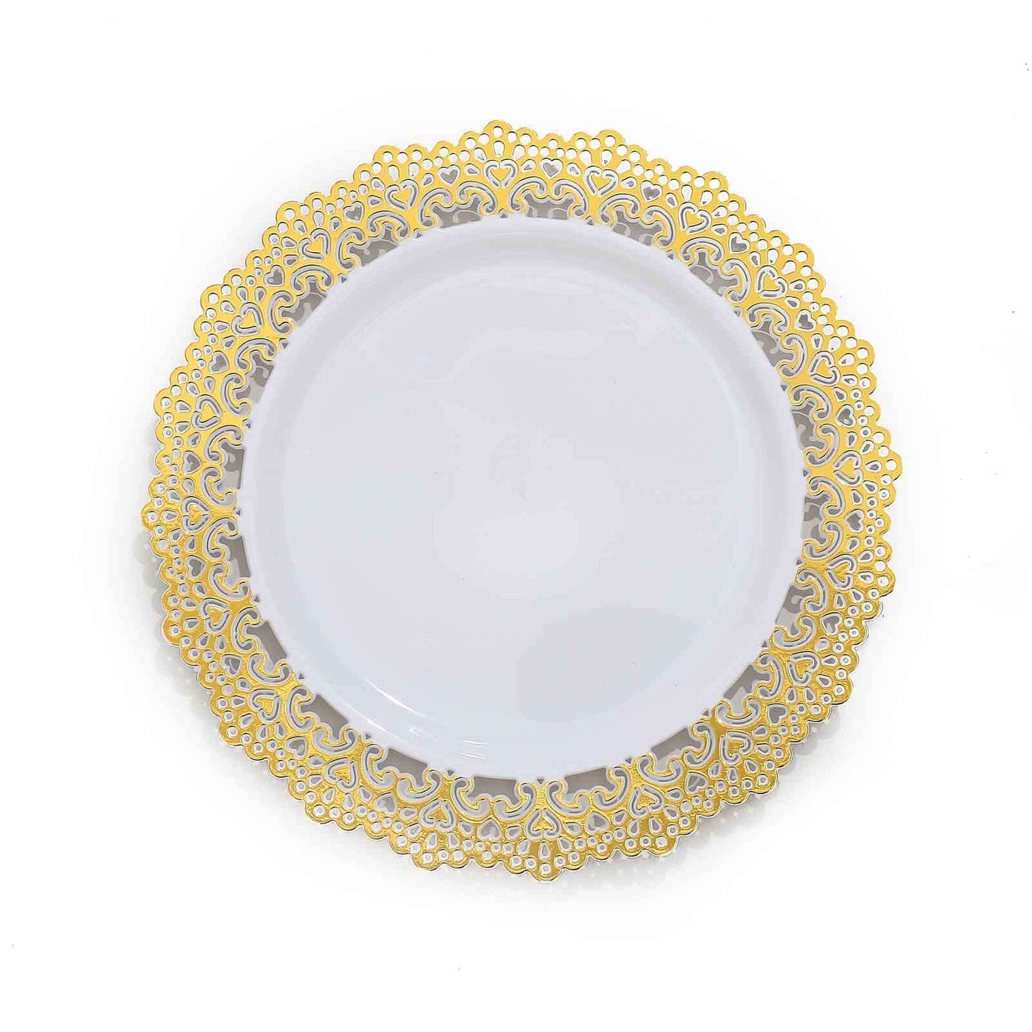 10-Pack Plastic 10" Round Dinner Plates in White with Gold Lace Rim - Disposable Party Plates for Classy Events & Banquets