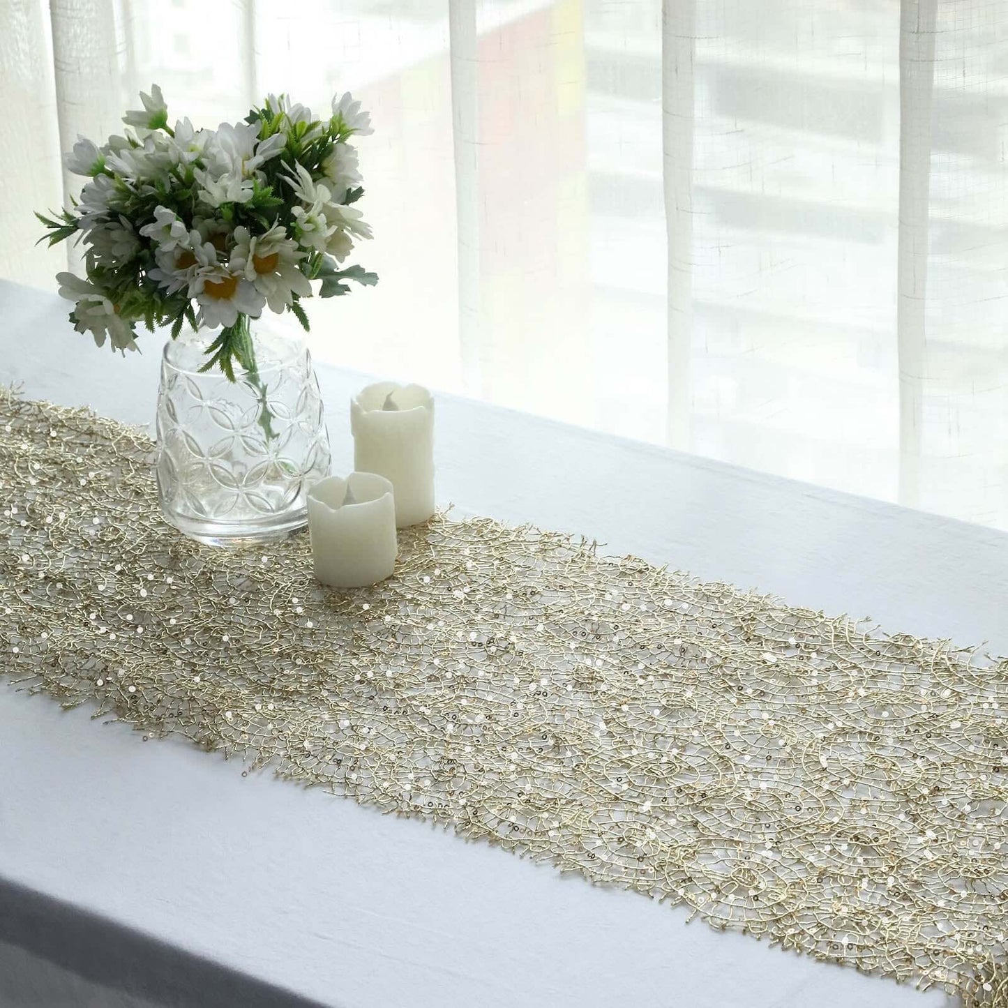 Mesh 12"x108" Table Runner Gold - Sequin Schiffli Lace Design for Stylish Celebrations