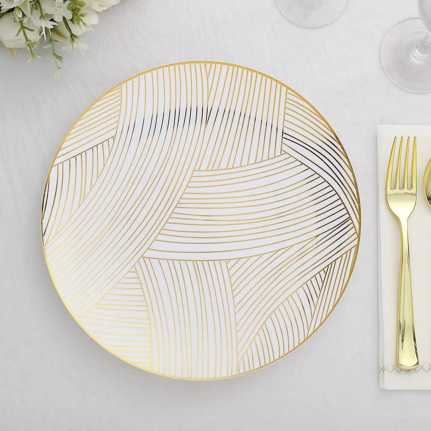 10-Pack Plastic 10" Round Dinner Plates in White with Gold Wave Brush Strokes Pattern - Disposable Party Plates for Modern & Classy Table Decor