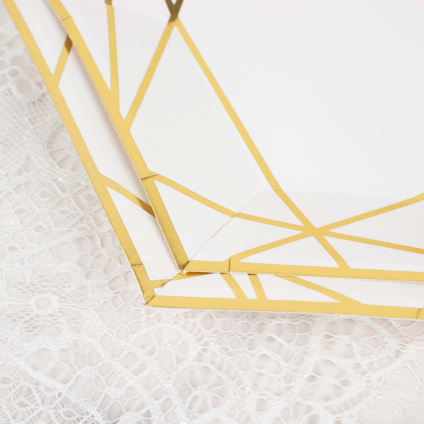 25-Pack Paper 7" Hexagon Dessert Plates in White with Gold Geometric Lines & Rim - Stylish Disposable Geometric 300GSM Appetizer Salad Plates for Events & Banquets