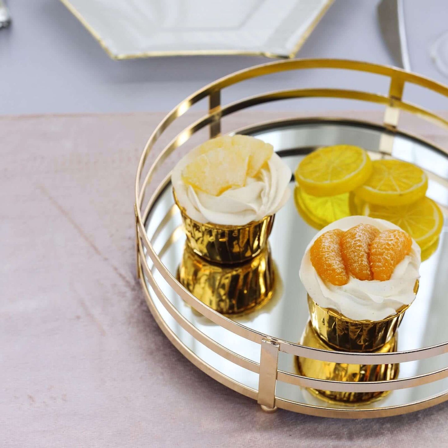 Set of 2 Metal Serving Trays 13", 9" Round Gold with Mirrored Top, Classy Decorative Vanity Tray Centerpiece