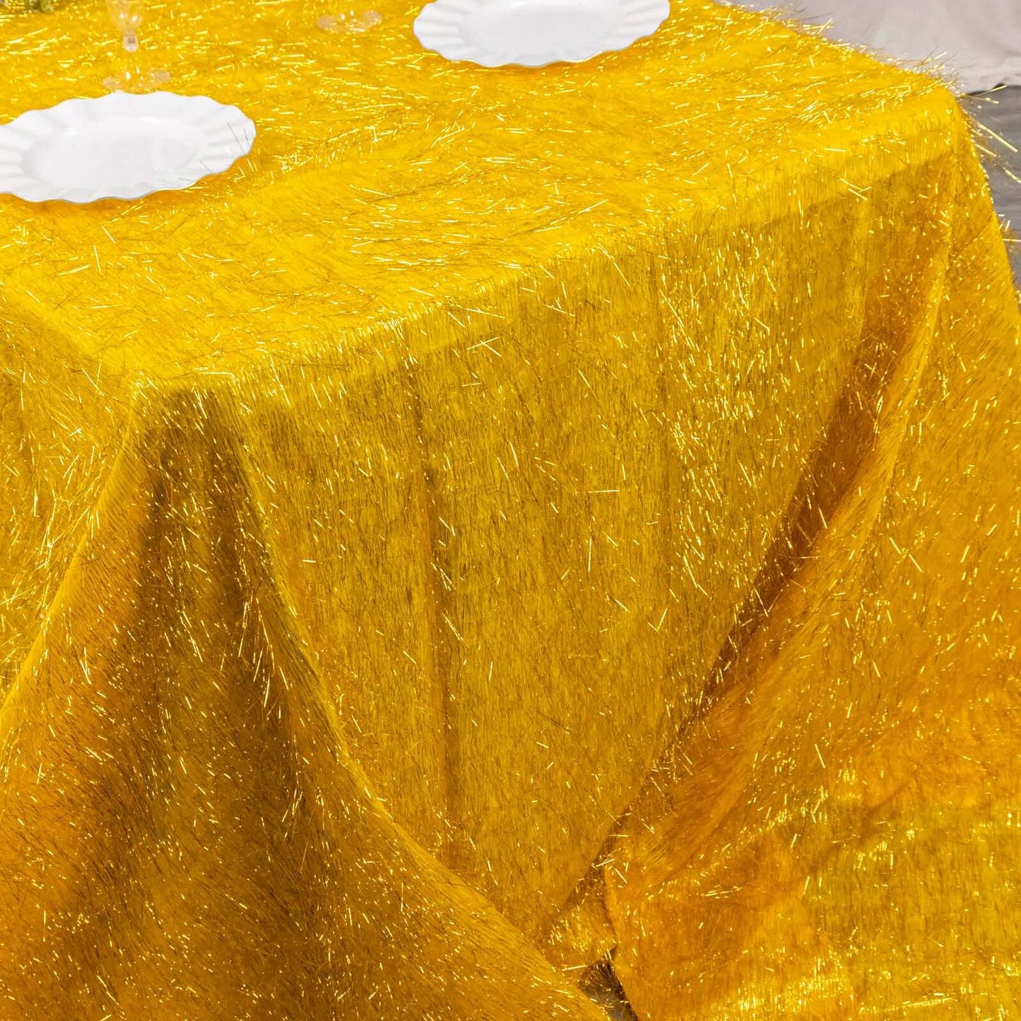 Polyester 90"x156" Rectangle Tablecloth Gold Metallic Fringe Shag Tinsel Design Table Cover for Events Decor