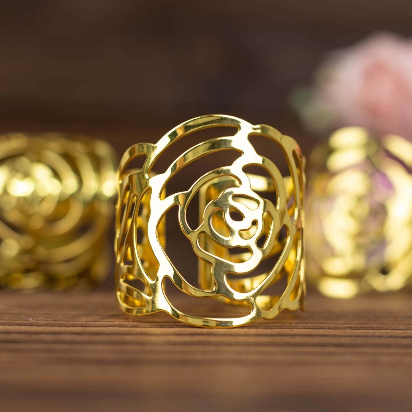 4 Pack Shiny Gold Laser Cut Rose Round Metal Napkin Rings, Decorative Flower Napkin Holders