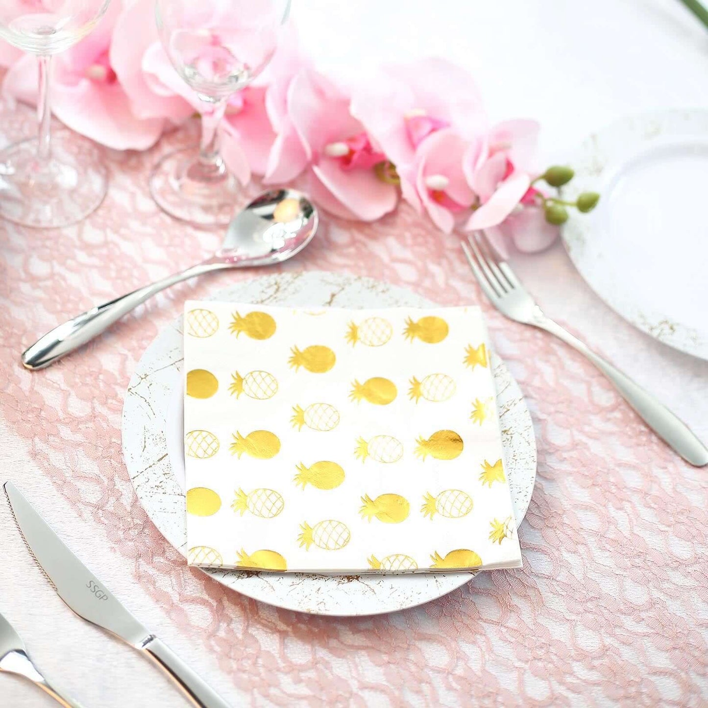 20-Pack Paper Dinner Napkins with Pineapple Design Metallic Gold - Disposable 3 Ply Cocktail Napkins for Parties