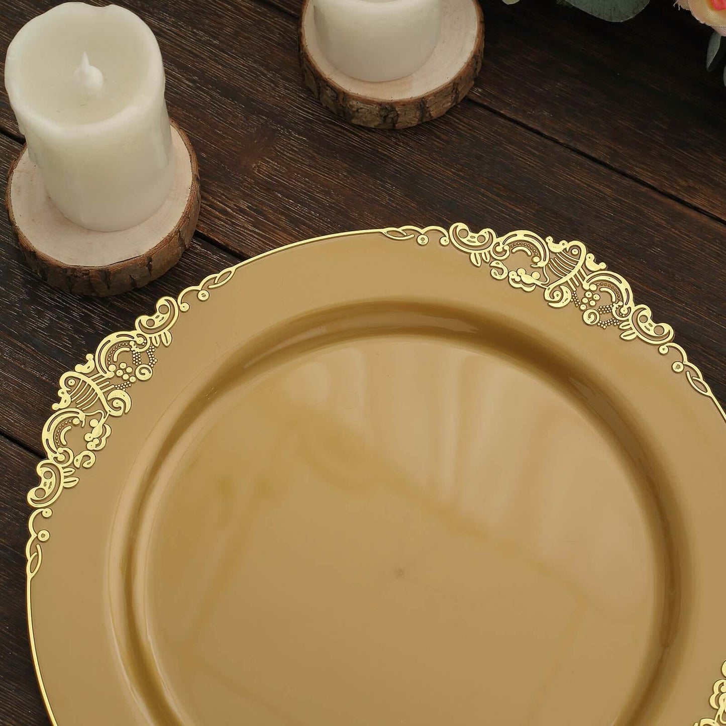 10-Pack Plastic 10" Round Dinner Plates in Gold with Leaf Embossed Rim - Disposable Vintage Baroque Style Plates for Luxurious Gatherings & Events