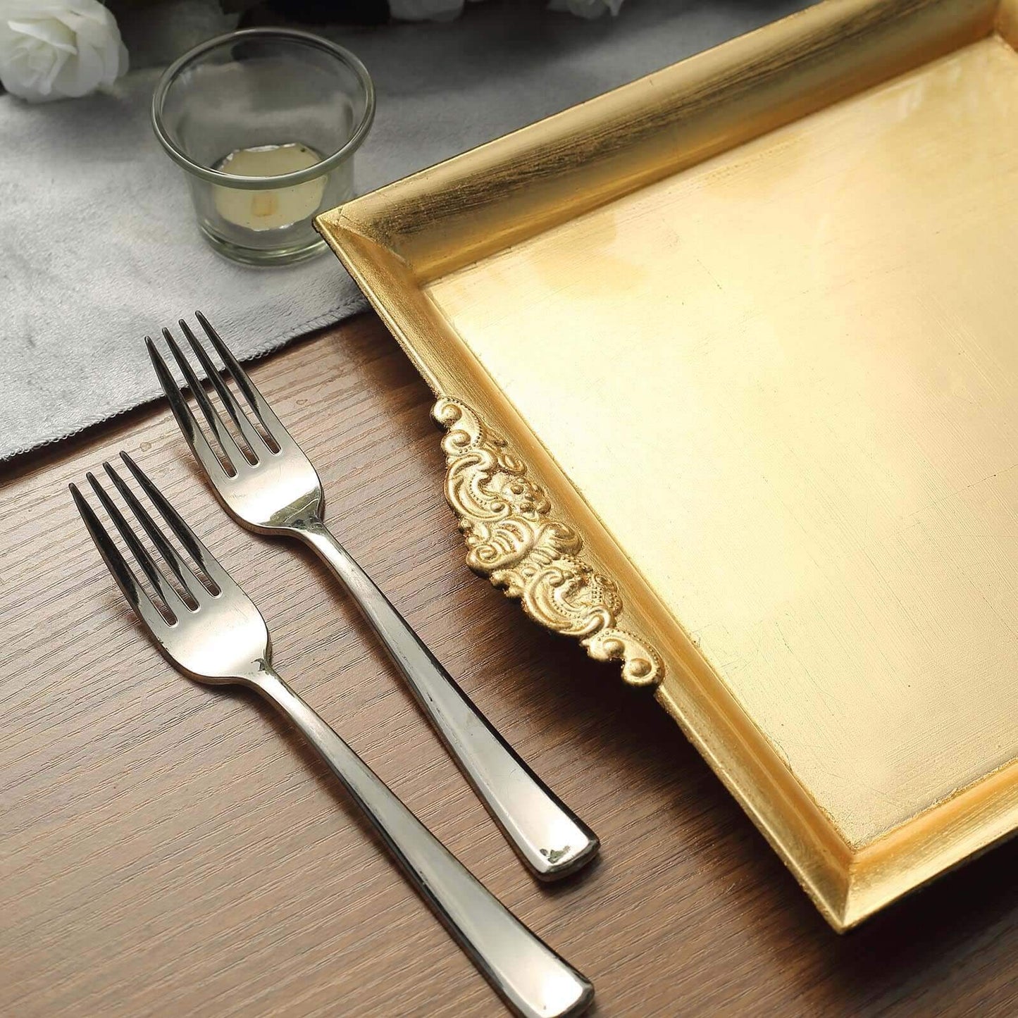 2-Pack Acrylic Square Serving Trays 10" in Metallic Gold with Embossed Handles, Decorative Dinner Party Food Platters
