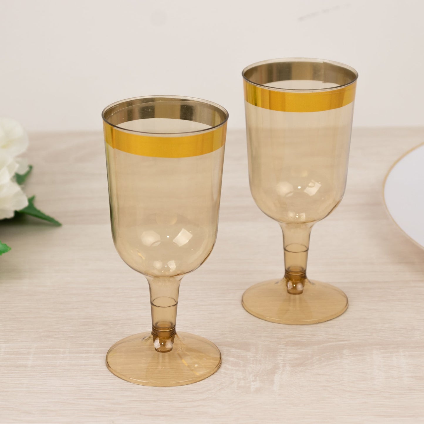 12 Pack Plastic Short Stem Wine Glasses Transparent Gold/Gold Rim - Stylish Disposable Drinkware 6oz