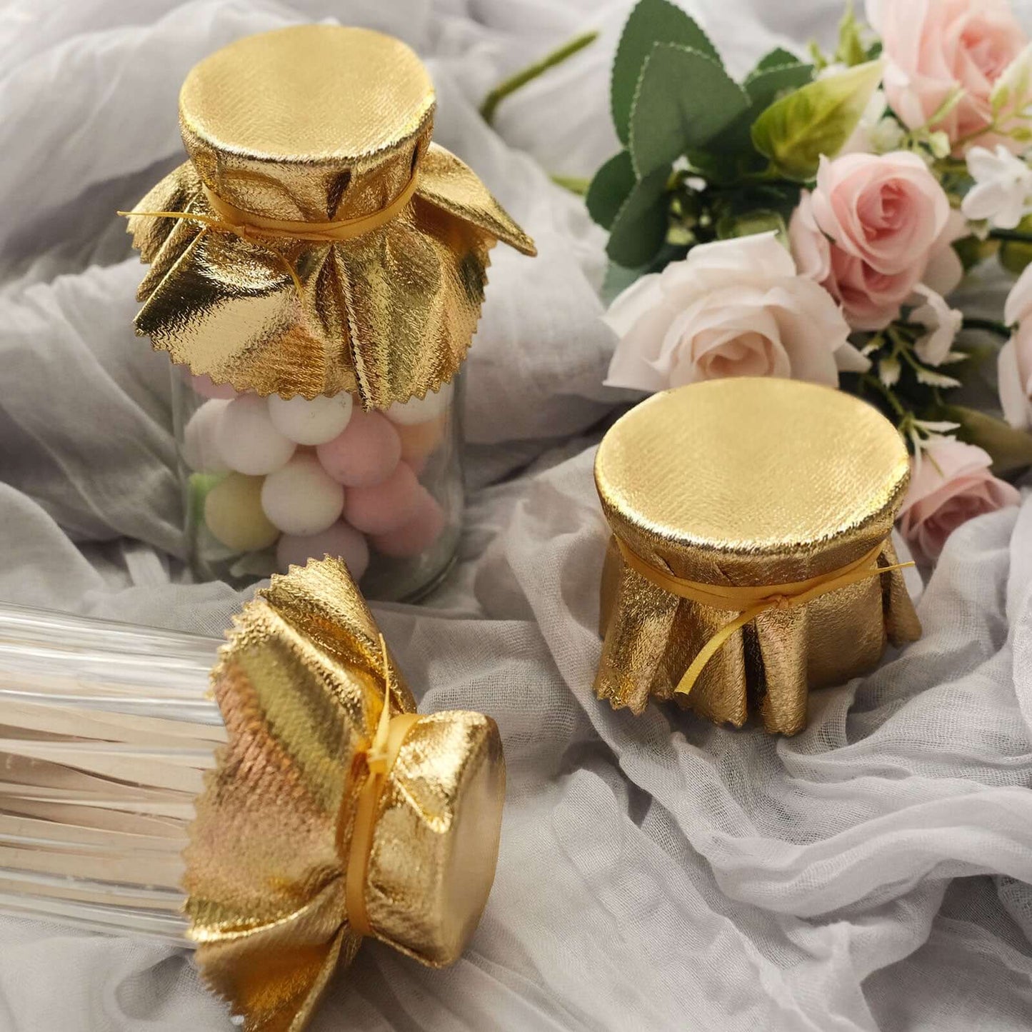 6-Pack Jar Covers Metallic Gold Round Lame Fabric Design with Satin Tie String - DIY Party Favors & Craft Supplies 6"