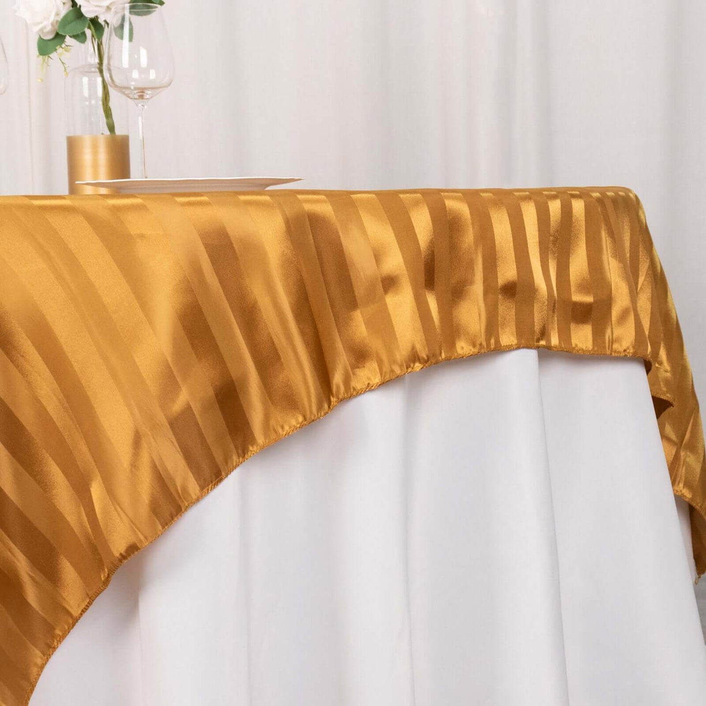Satin 72"x72" Table Overlay Square Tablecloth Gold - Stripe Table Topper