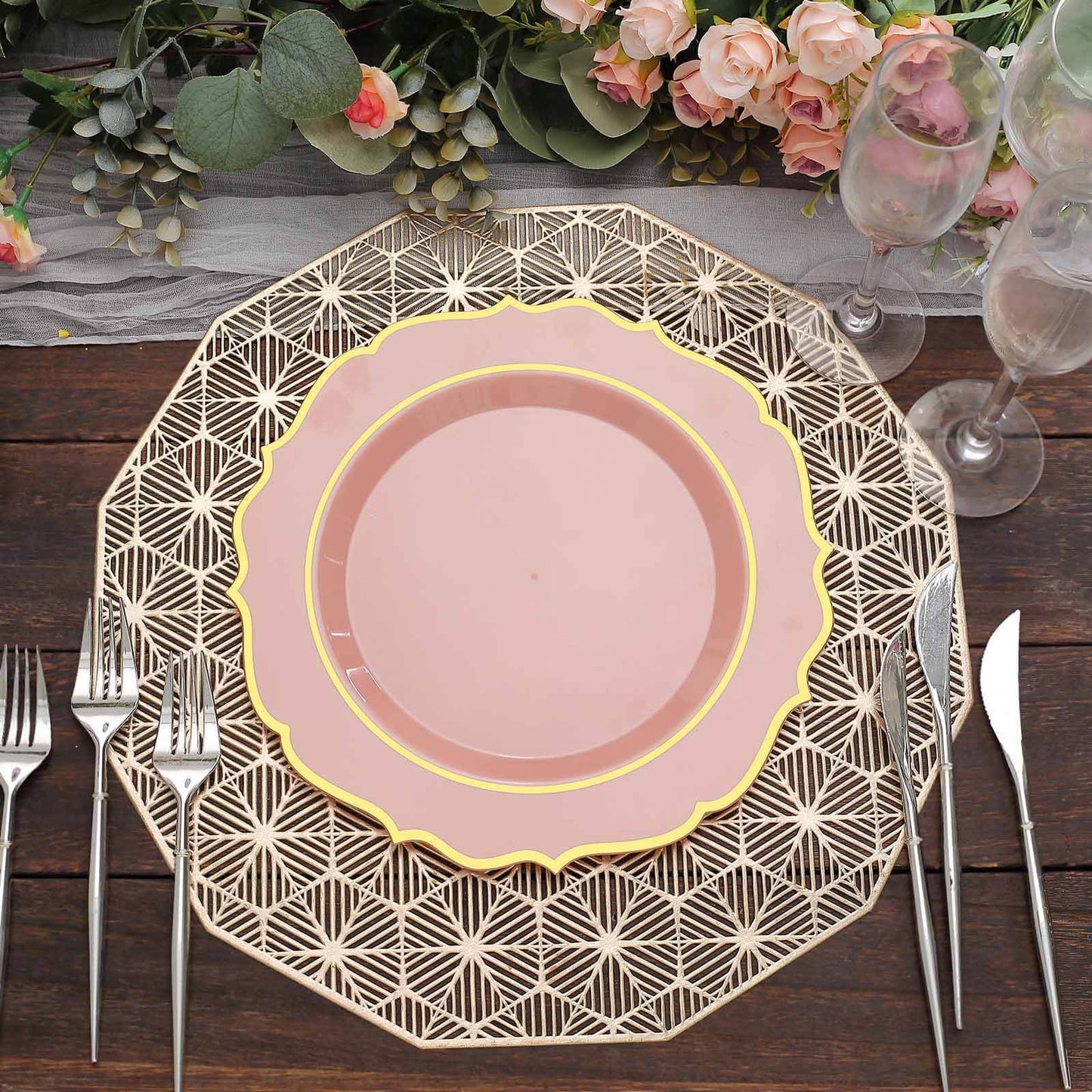 10-Pack Plastic 10" Round Dinner Plates in Dusty Rose with Gold Scalloped Rim - Disposable Party Plates