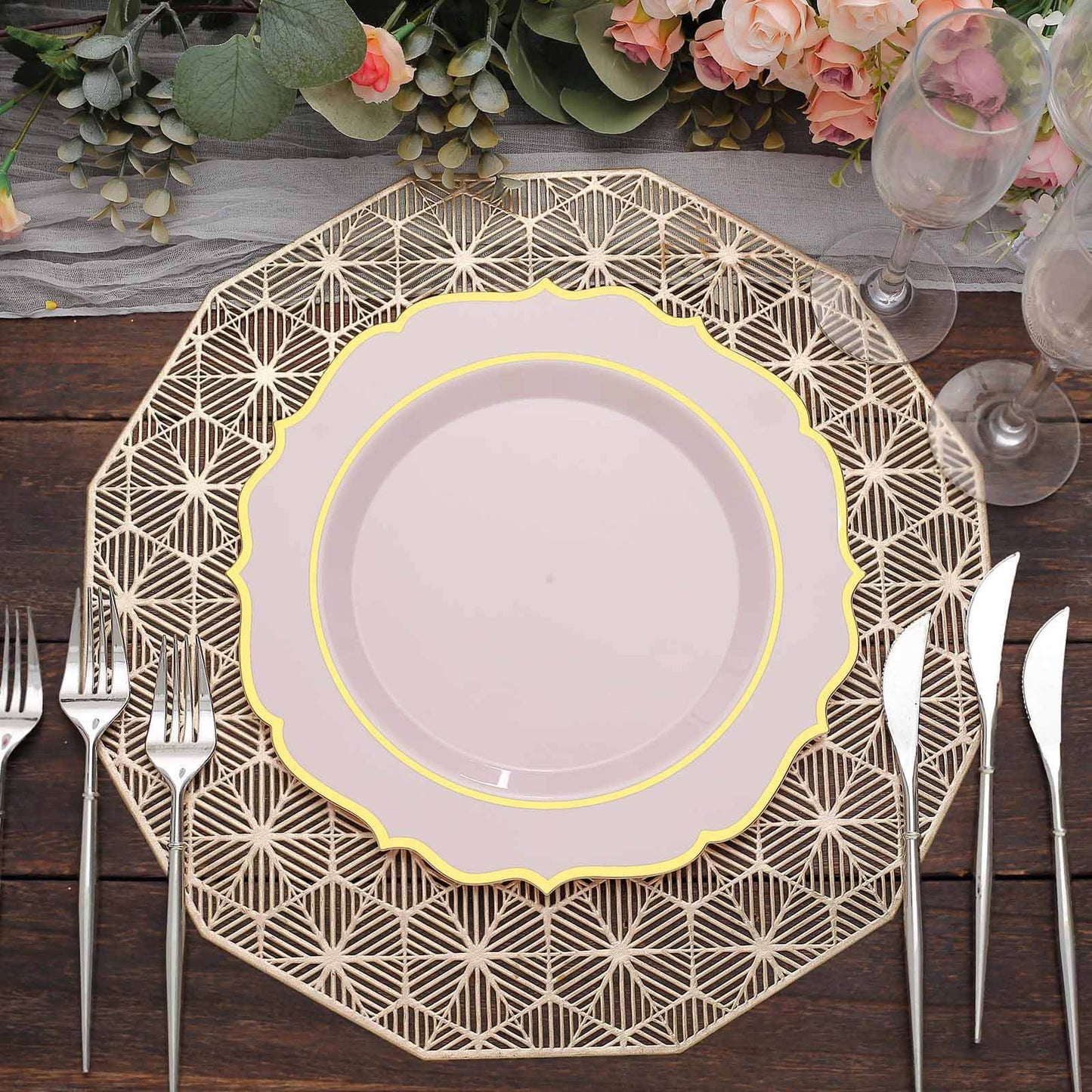 10-Pack Plastic 10" Round Dinner Plates in Blush with Gold Scalloped Rim - Disposable Party Plates