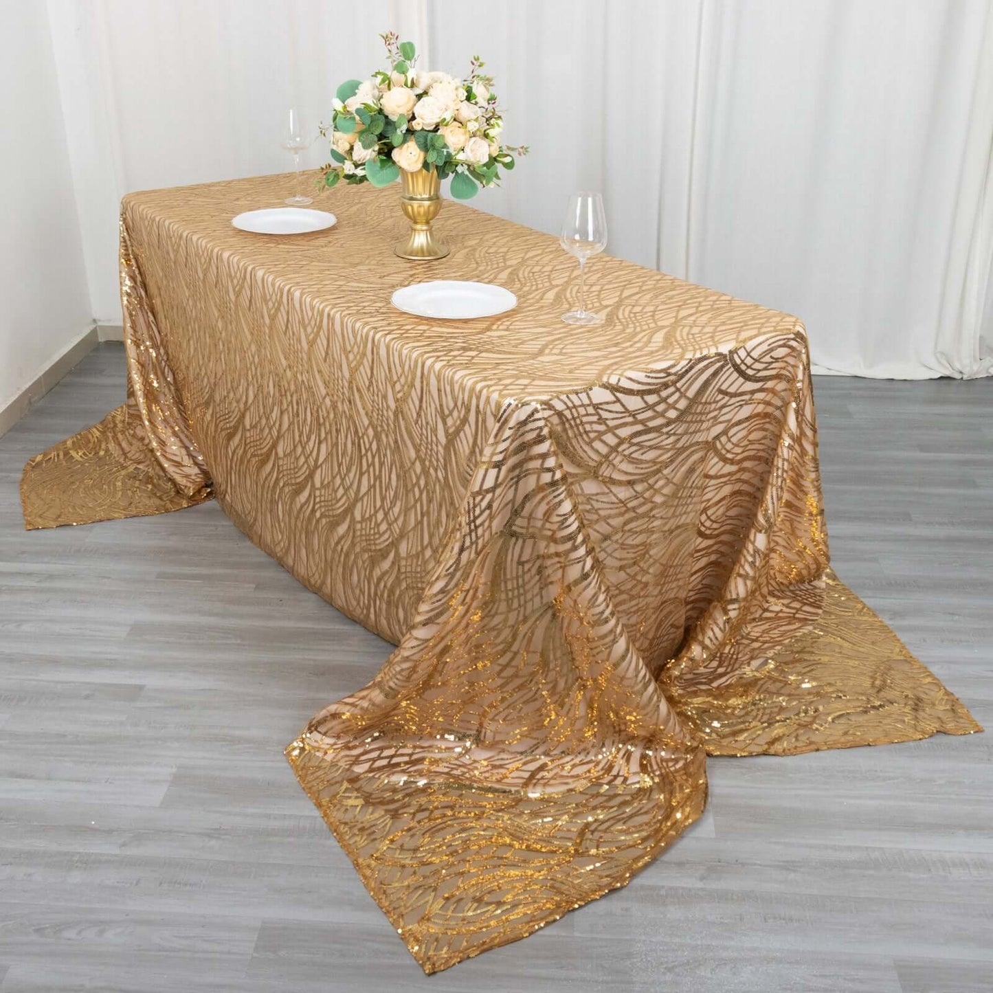 Mesh 90"x156" Rectangle Tablecloth Gold - Wave Sequin Embroidered Design for Refined Occasions