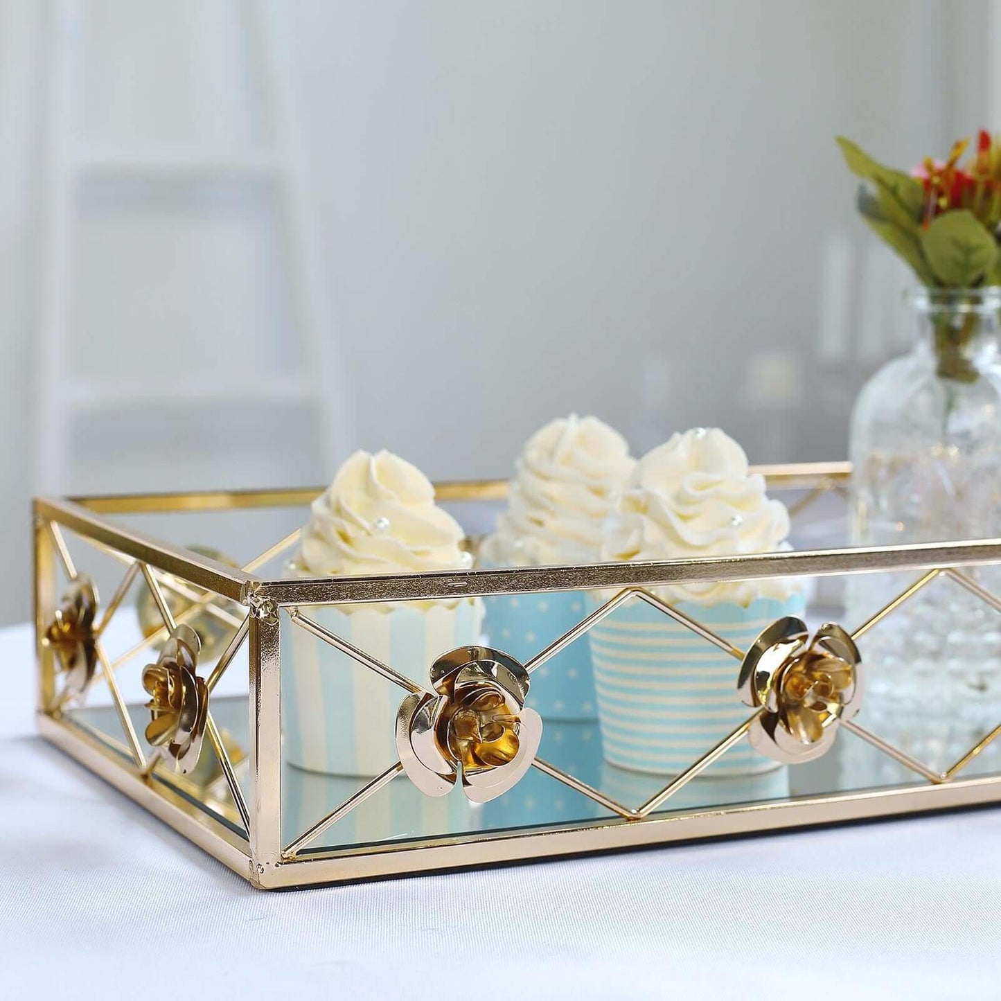 Set of 2 Metal Mirrored Rectangle Serving Trays in Gold with Rose Borders, Glamorous Decorative Vanity Tray Centerpiece 15"x8", 19"x12"