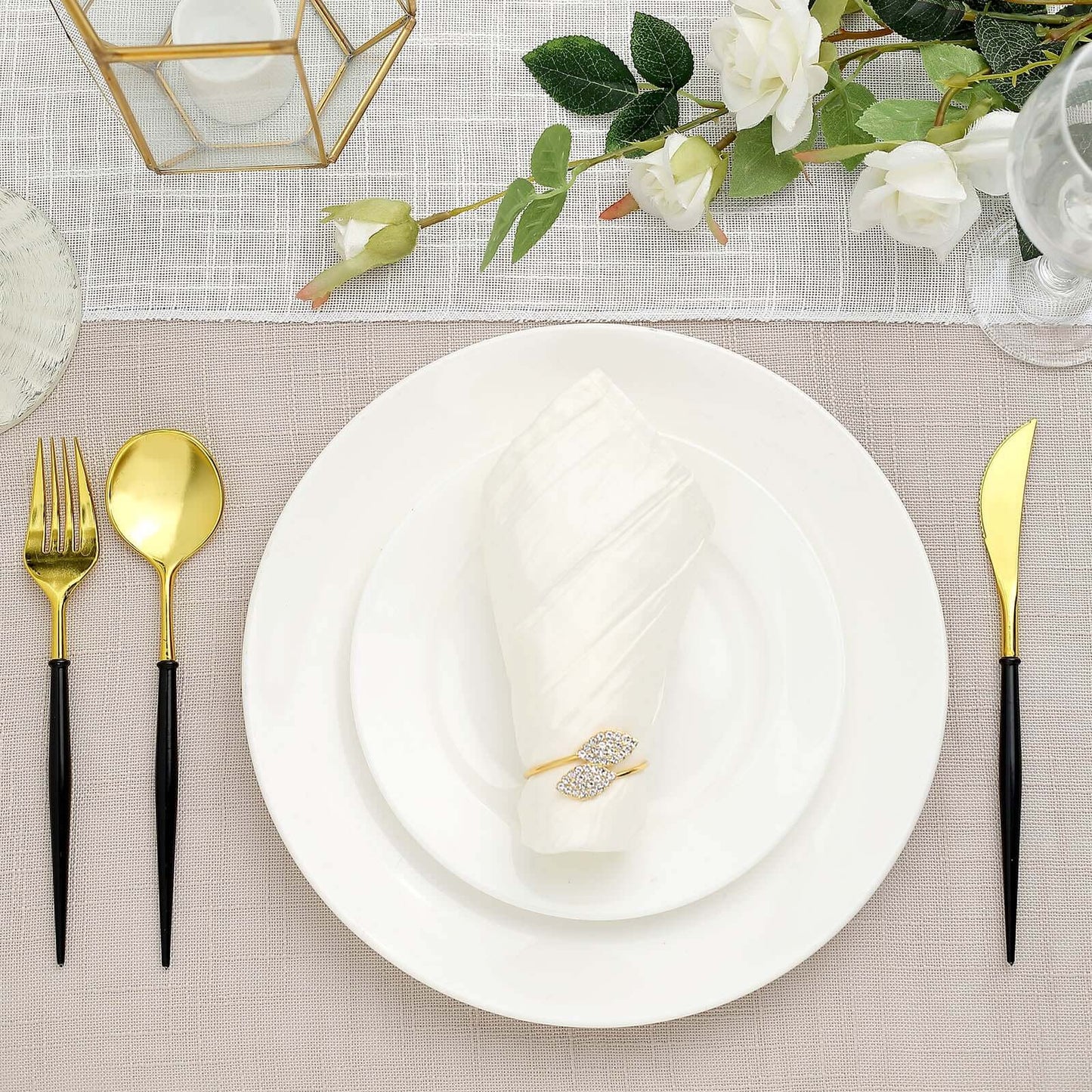 24-Pack Plastic Flatware Set in Metallic Gold with Black Handle - Heavy Duty Disposable Modern Silverware 8"