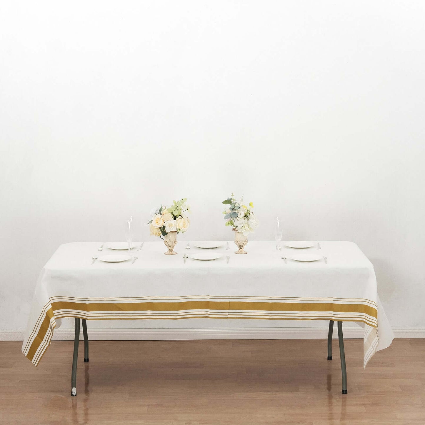 Linen-Like Paper 50"x108" Rectangle Tablecloth White - Disposable Airlaid Table Cover with Gold Striped Border