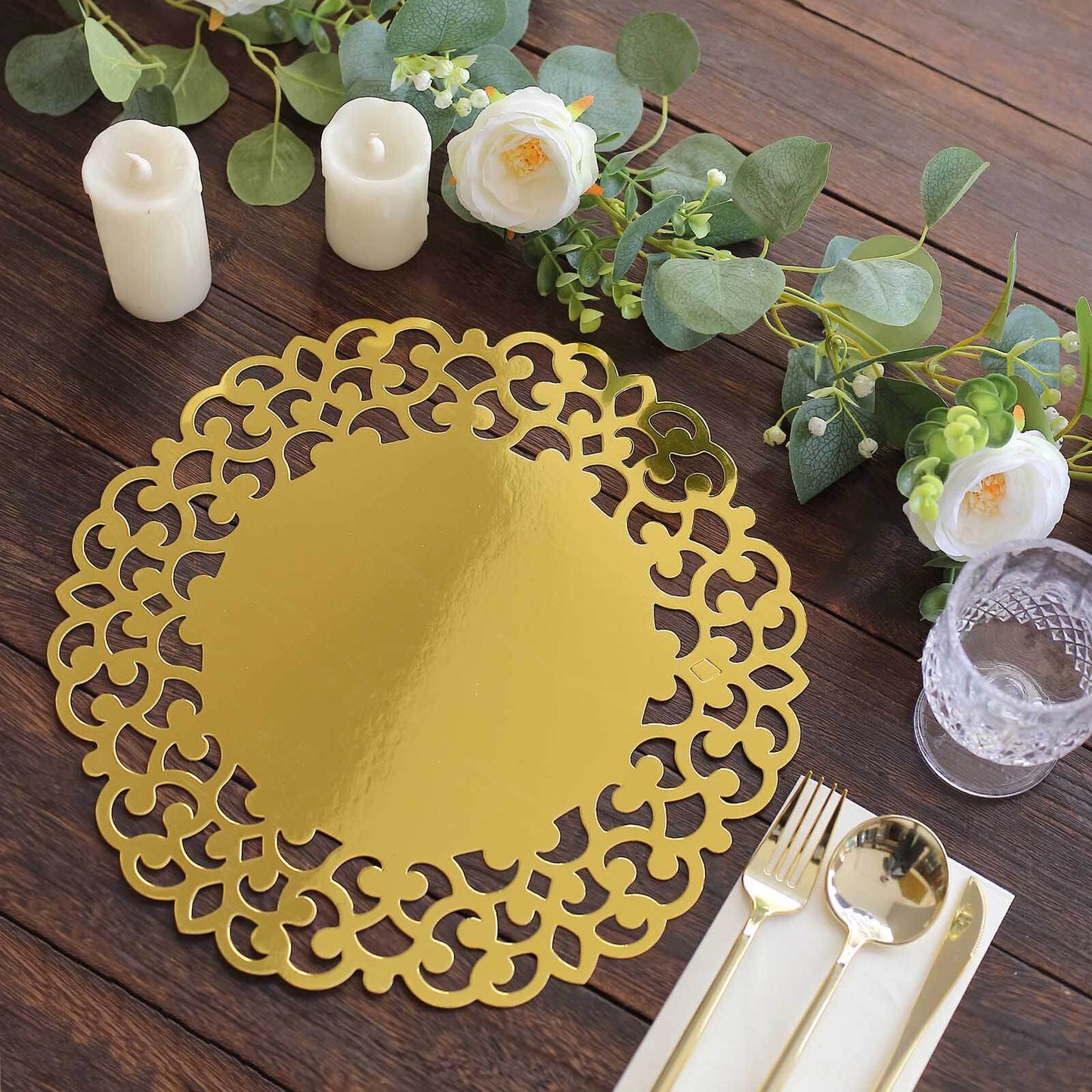 6-Pack Disposable Table Placemats in Metallic Gold with Laser Cut Floral Rim - 400GSM Cardboard Placemats for Glamorous Table Settings 13"