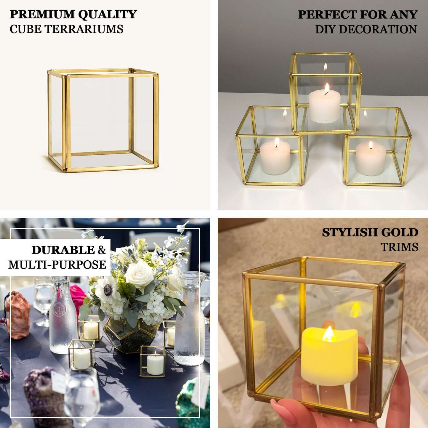 3-Pack Glass Tealight Votive Candle Holders Square Cube Design Clear with Gold Metal Frame - Stackable 3"