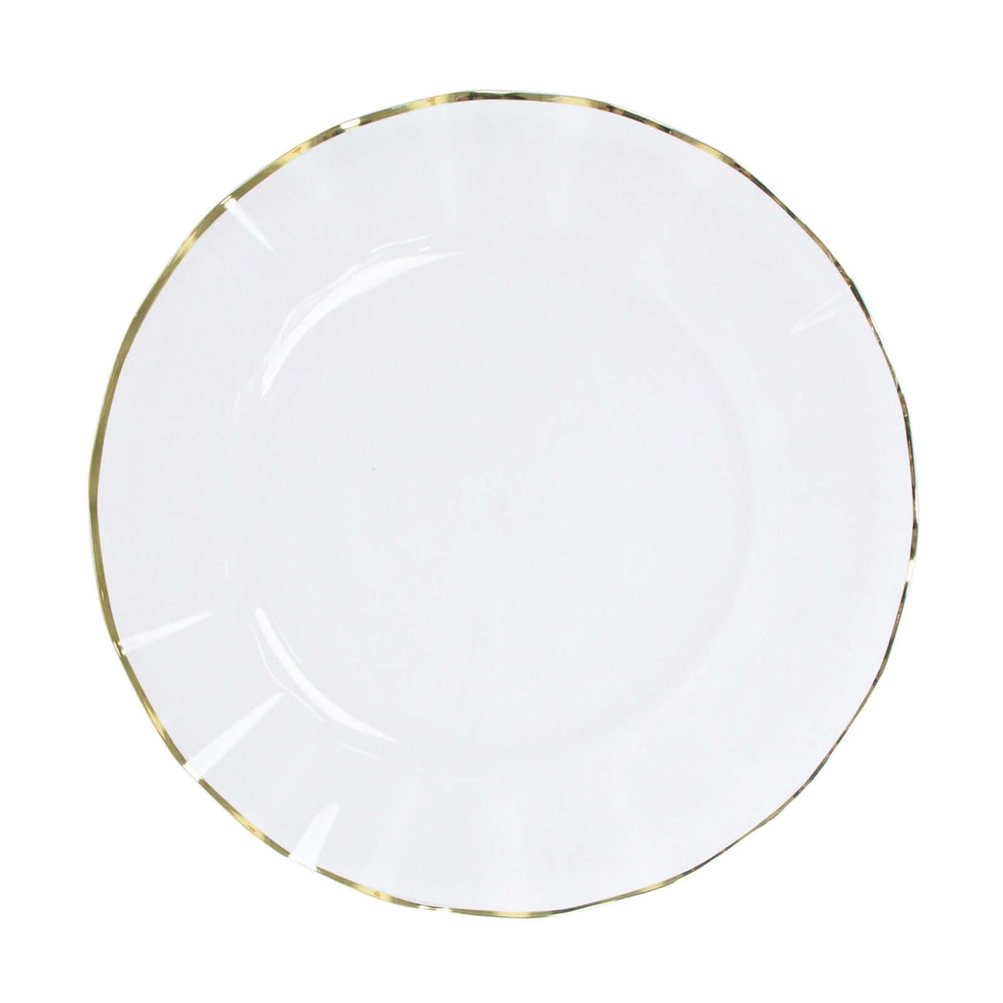 10-Pack Plastic 11" Round Dinner Plates in Clear Ruffled Rim with Gold Edging - Sturdy Disposable Dinnerware