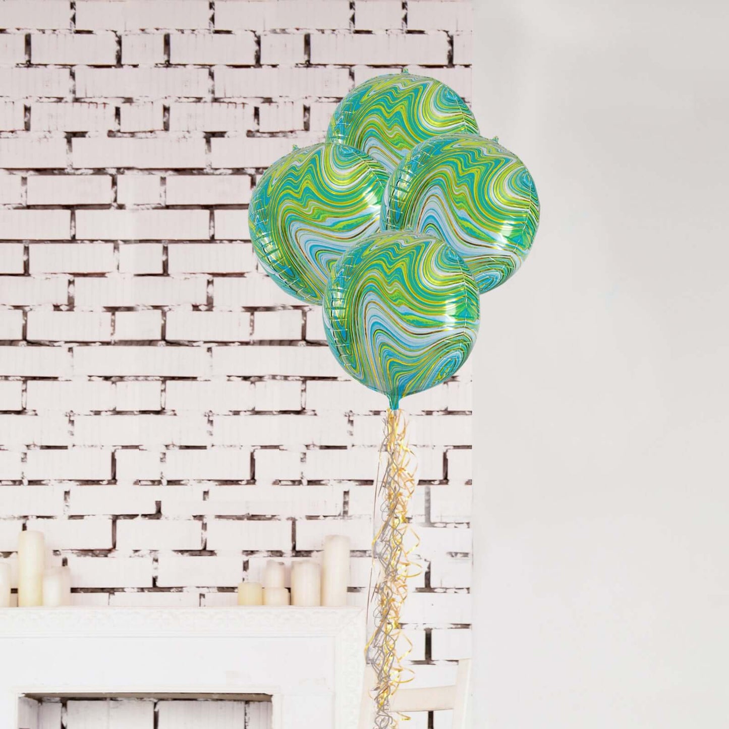 3 Pack 13" Green Gold Marble Orbz Foil Balloons, 4D Sphere Mylar Balloons