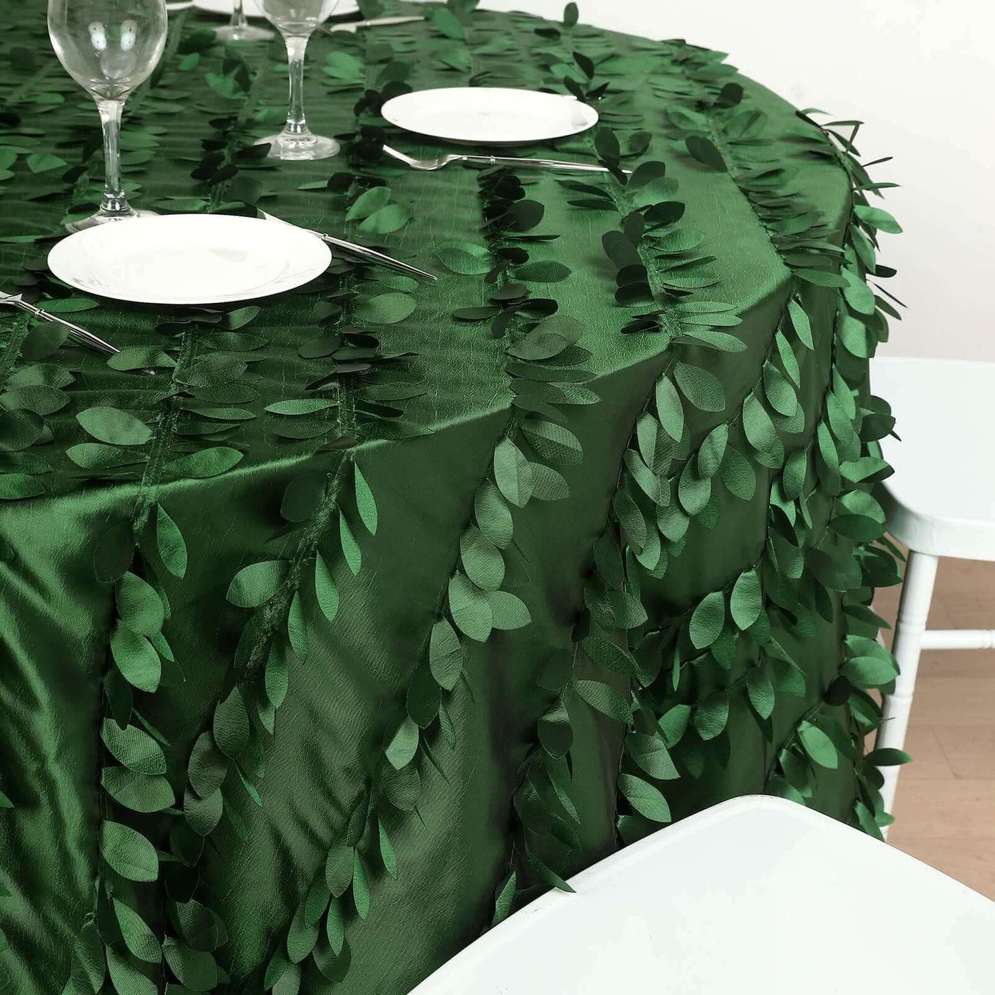 Taffeta 132" Round Tablecloth Green | 3D Leaf Petal Design Seamless Table Cover