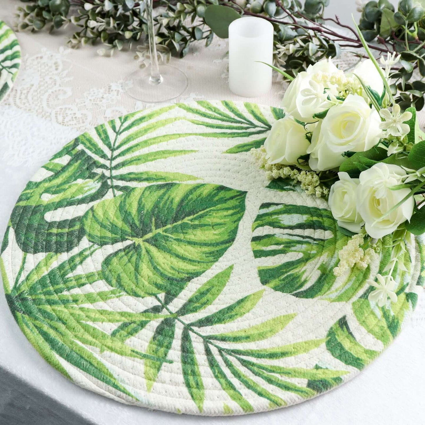 4-Pack Table Placemats Tropical Leaf Design Green Cotton Round - Woven Indoor/Outdoor Dining Mats 15"