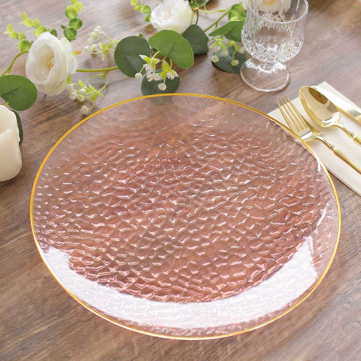 10 Pack Economy Plastic Round Charger Plates 13" in Transparent Blush Hammered Design with Gold Rim, Decorative Dinner Party Serving Plates