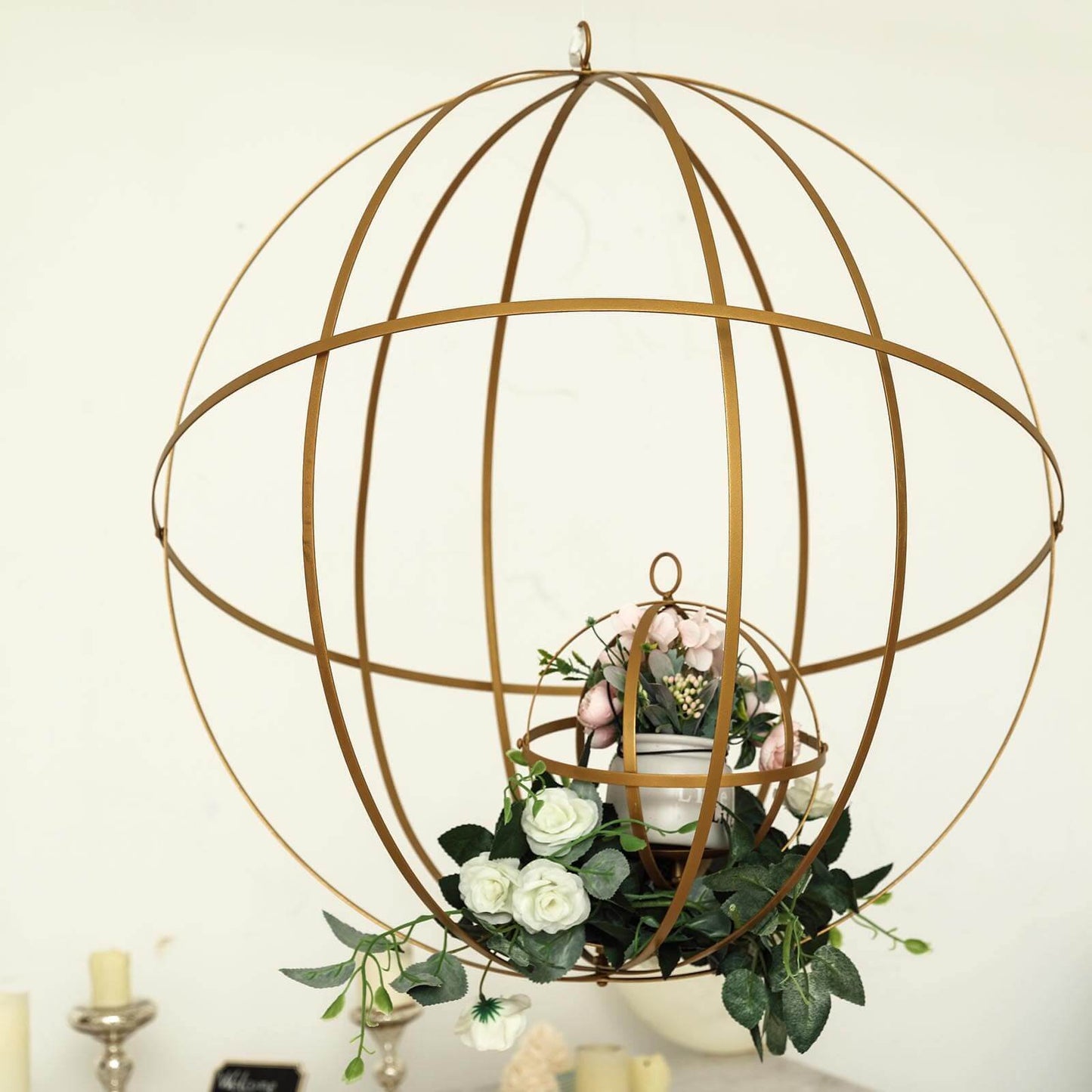 Hanging Sphere Candle Holder Gold Wrought Iron Event Display Accent - Centerpiece 24"