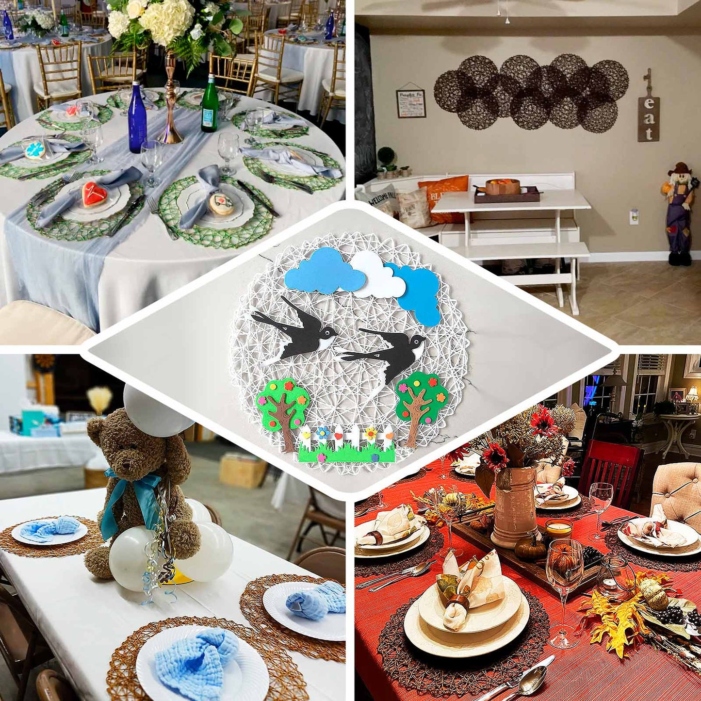 6-Pack Table Placemats Woven Fiber Design Natural Round - Disposable Mats for Dining and Events 15"