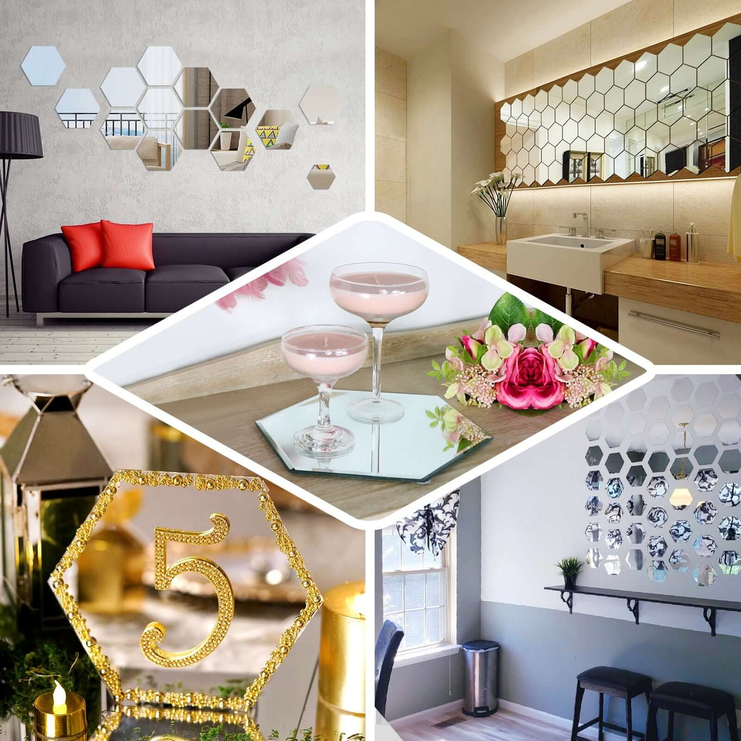 12 Pack Hexagon Acrylic Mirror Wall Stickers, 7" Removable Wall Decals For Home Decor