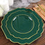 10-Pack Plastic Dinner Plates in Hunter Emerald Green Baroque Design with Scalloped Gold Rim - Heavy Duty Disposable Party Plates 11"
