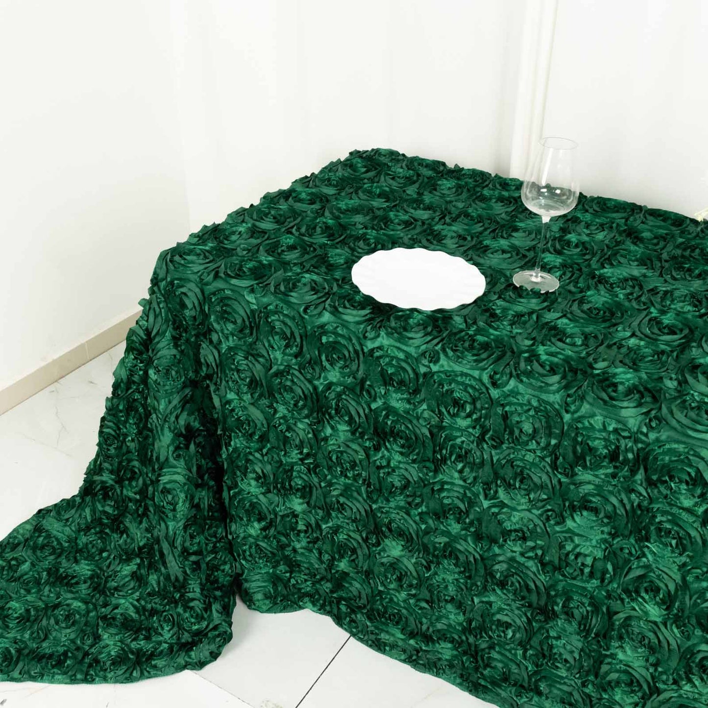 Satin 90"x132" Rectangle Tablecloth Hunter Emerald Green - Grandiose 3D Rosette Seamless Table Cover