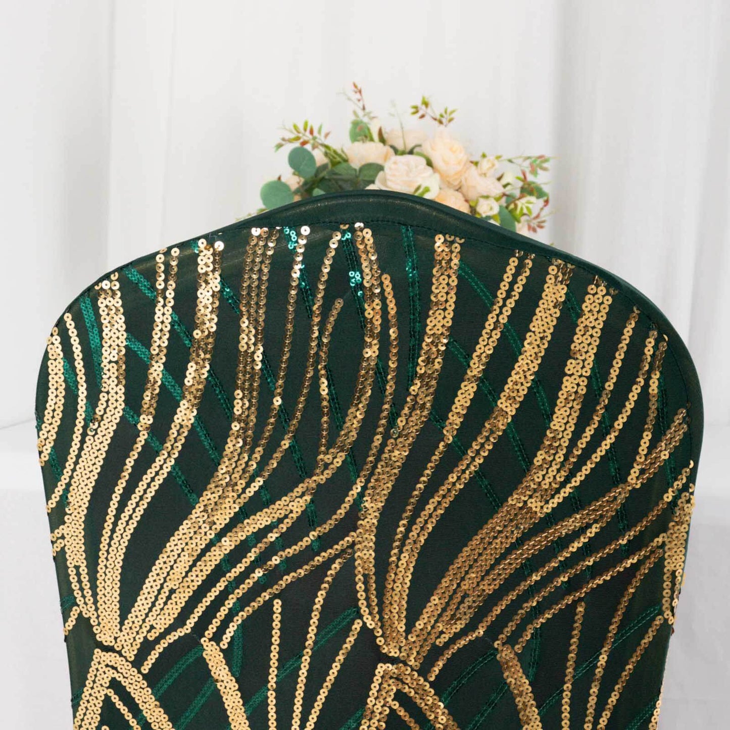 Spandex Chair Cover with Wave Embroidered Sequins for Banquet Chairs Hunter Emerald Green/Gold - Glittering Stretch Fitted Slipcover